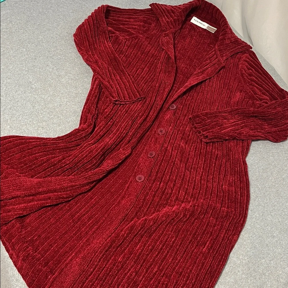 Red Duster Cardigan Sweater Medium Chenille Button Christmas Holiday Lounge